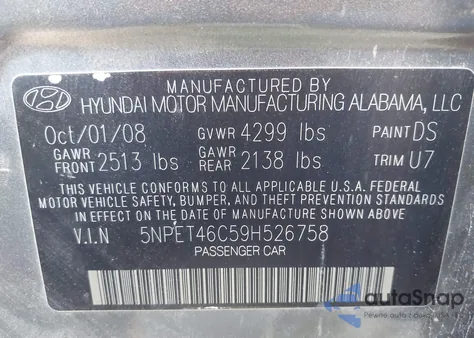 2009 Hyundai Sonata Gls из США, поврежденный, VIN 5NPET46C59H526758